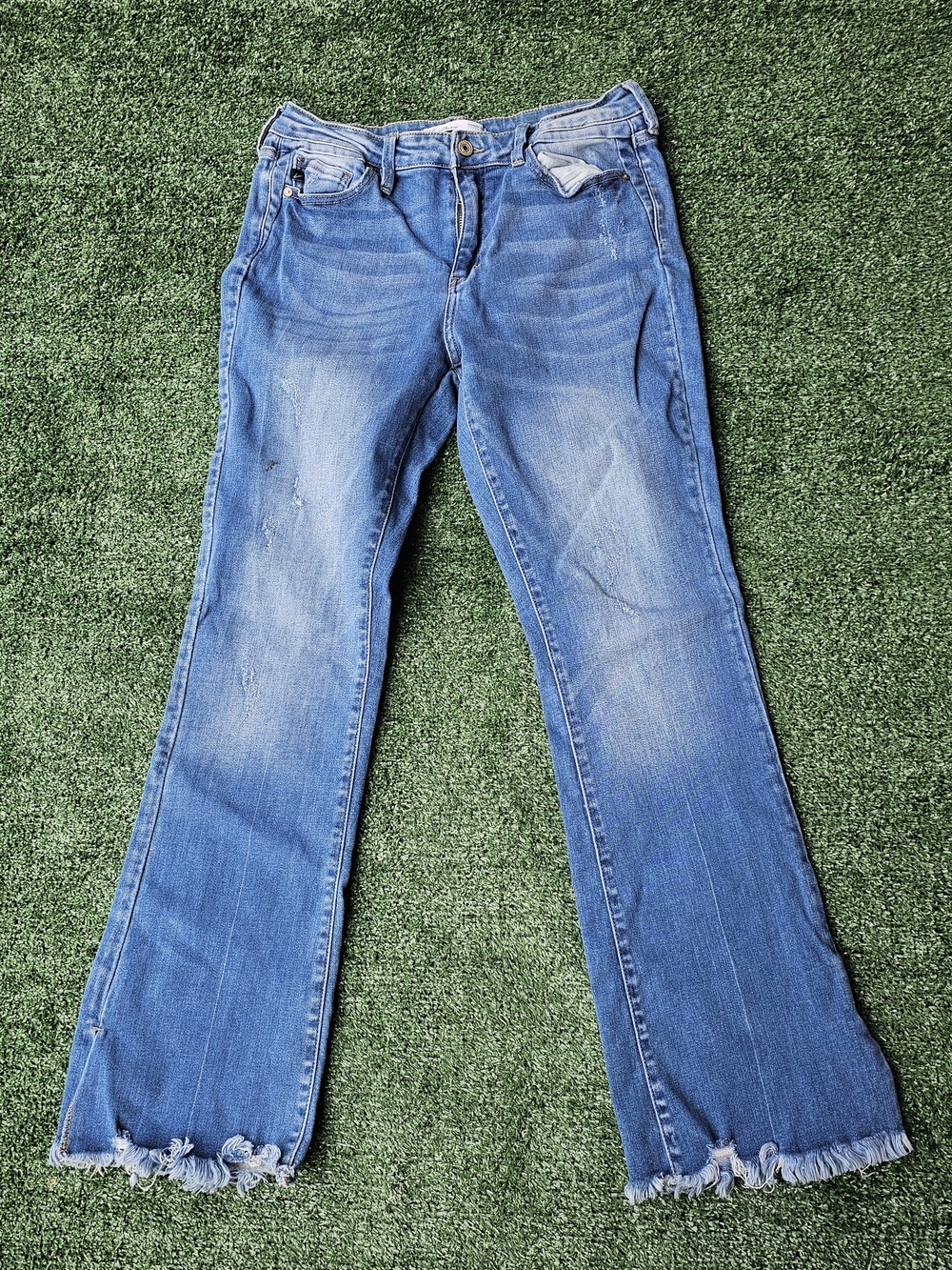 KanCan Medium Blue Bootcut Jeans with A Split Frayed Hem